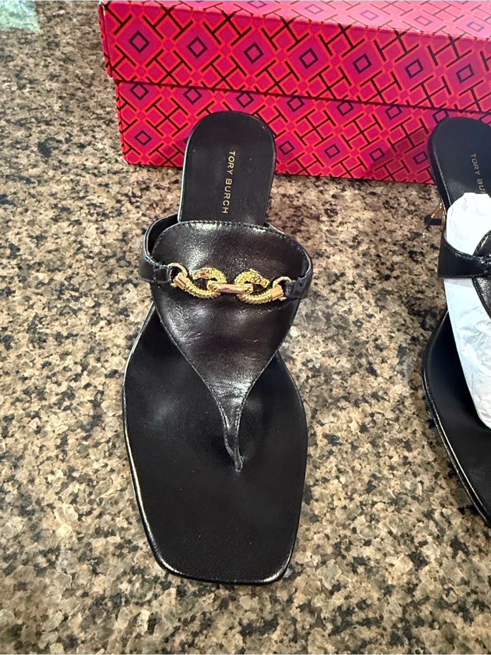 Tory Burch Black Leather Thong Sandals with Gold Chain Accent